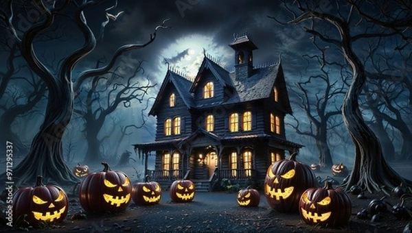 Fototapeta Spooky Halloween scene featuring a haunted house, glowing pumpkins and bats/ Happy Halloween Background for Party Invitations with Violet Fog Clouds and Pumpkins