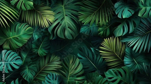 Fototapeta Fern leaves on a dark background in the jungle. Dense dark green fern leaves in the garden. Nature abstract background. Fern at tropical forest. Exotic plant. Beautiful dark green fern leaf texture.