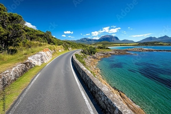 Fototapeta A scenic drive along Tasmaniaâ€™s Great Eastern Drive, with stunning coastal views and lush green countryside on either side