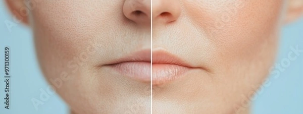Fototapeta Face before and after treatment, showing reduction of scars and pigmentation spots, with an EGF serum. Rhytidectomy procedure, facelift surgery, anti age treatment.
