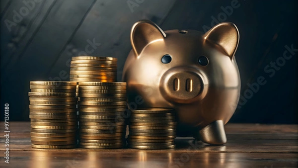 Fototapeta Isolated Piggy Bank Surrounded by Gold Coins - Vector Illustration Symbolizing Savings and Wealth in Modern Minimalist Design on White Background