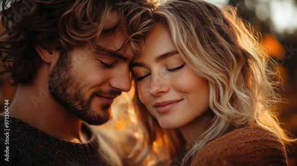 Fototapeta A heartwarming portrait of a couple embracing in an autumn setting, capturing the intimacy and warmth of love against a backdrop of golden leaves and soft sunlight.