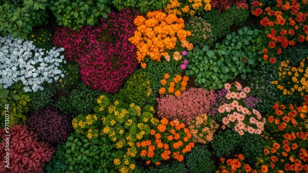 Fototapeta A striking aerial shot of a large flower bed, where a tapestry of vivid flowers is meticulously arranged in intricate patterns. The colorful blooms form an artistic and harmonious landscape.
