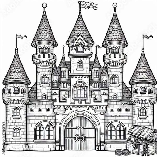 Fototapeta Intricate Fairytale Castle Illustration Perfect for Coloring Book Pages Design