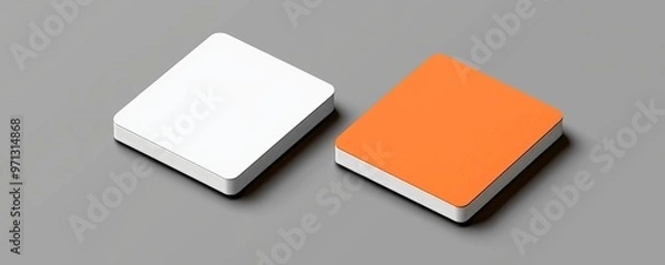 Obraz Minimalistic design of two square buttons, white and orange, side by side on a light gray background