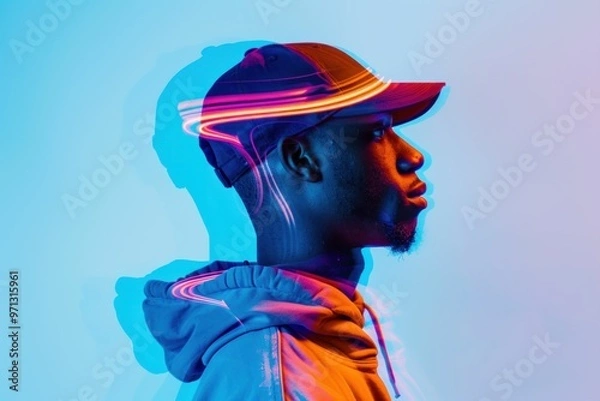 Fototapeta A side profile of a young man wearing a cap, with a colorful neon light effect creating a vivid atmosphere