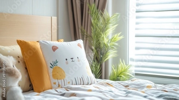 Fototapeta A pillow with a cute animal design, sitting on a child bed, creating a playful and comforting atmosphere.