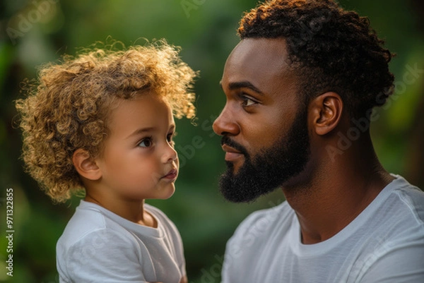 Fototapeta A man and a child are standing next to each other