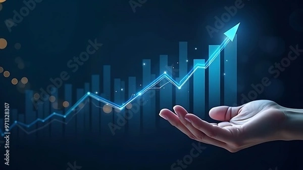 Fototapeta Hand holding a glowing upward arrow, symbolizing growth and success in business and finance. Ideal for corporate, motivational, and analytics themes.
