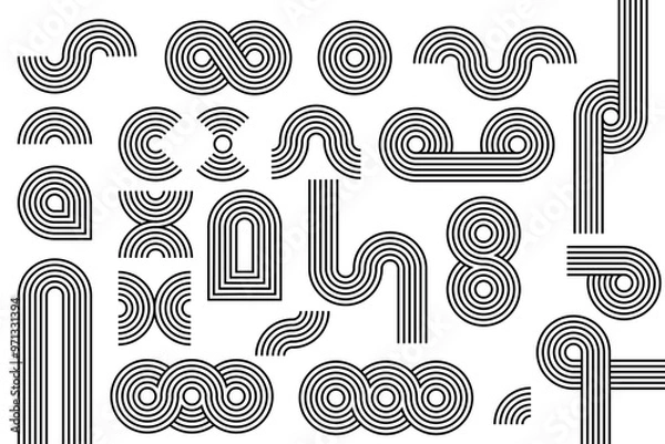 Obraz Abstract geometric line elements, mid century shapes set. Design contemporary figures circle, arch, wave, retro sunrise icon. Editable stroke. Vector illustration