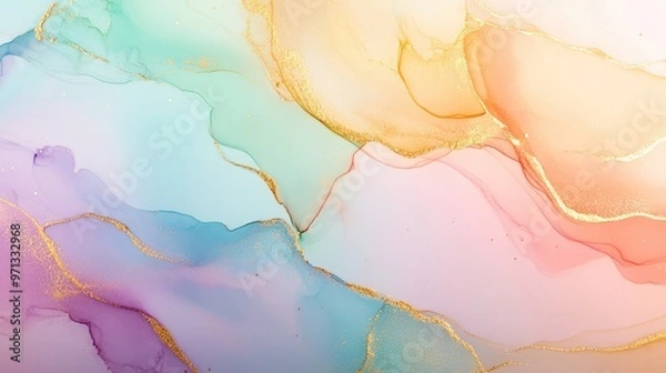 Obraz Soft and dreamy watercolor wallpaper with alcohol ink splashes, delicate gold veins, and rainbow pastels glowing in the light.