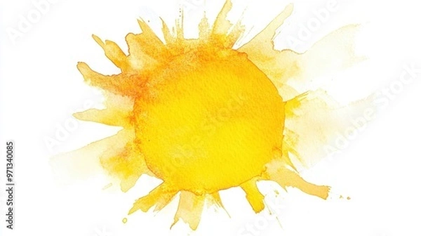 Fototapeta Bright yellow ink forming a sun shape with watercolor brush strokes blending seamlessly into a white background