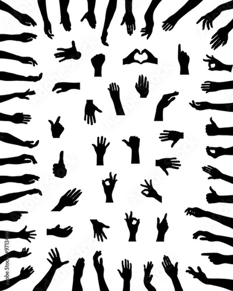 Fototapeta Black silhouettes of various positions of hands, vector