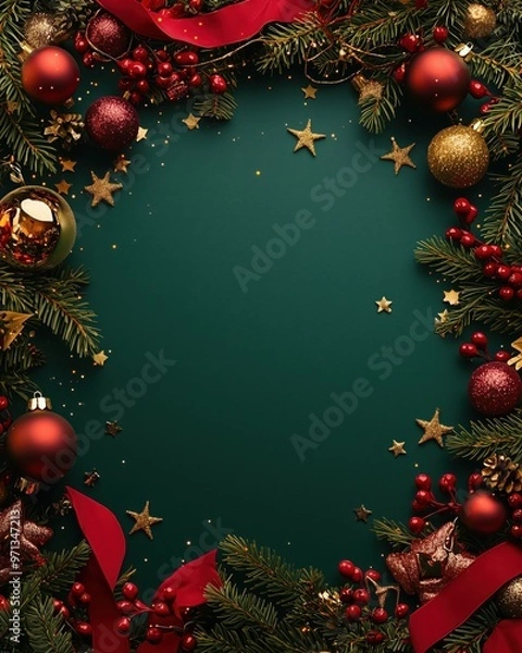 Obraz A festive wreath of evergreen branches adorned with ornaments and ribbons for Christmas celebration preparation