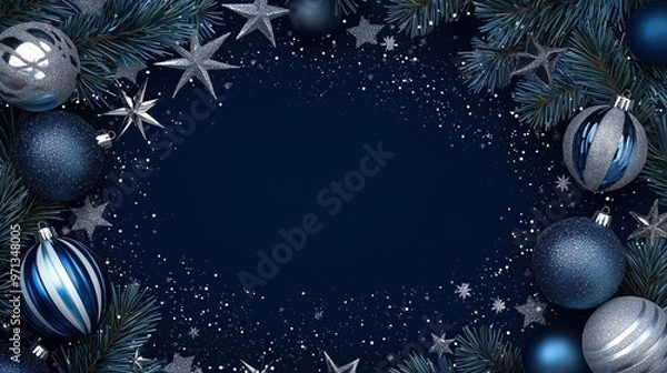 Obraz Elegant blue and silver holiday decorations with ornaments and stars on a dark background for seasonal celebrations