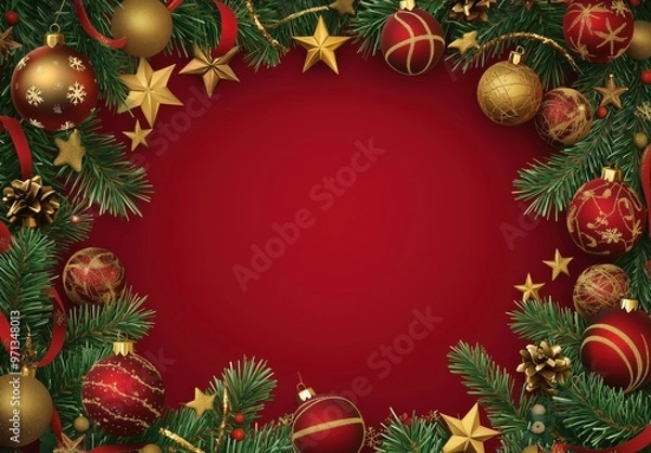 Obraz Elegant holiday decorations featuring red and gold ornaments amidst lush green pine branches on a festive red background