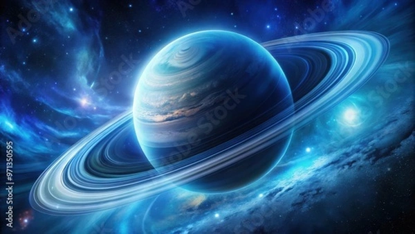 Fototapeta Striking blue gas planet with rings and swirling patterns in deep space
