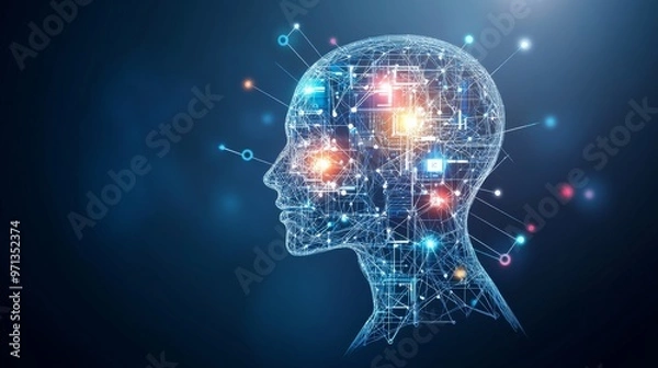 Fototapeta robot head Artificial intelligence in abstract blue and purple network with glowing line and node stye.