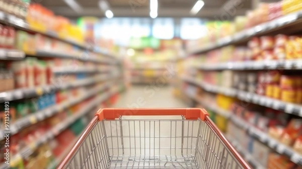 Fototapeta Shopping cart in supermarket and blurred photo store bokeh background