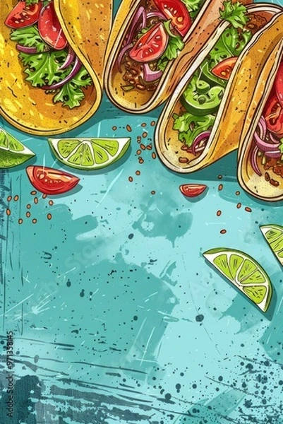 Fototapeta A blue background with a drawing of four tacos with tomatoes and limes on top. The tacos are arranged in a row and the limes are cut in half