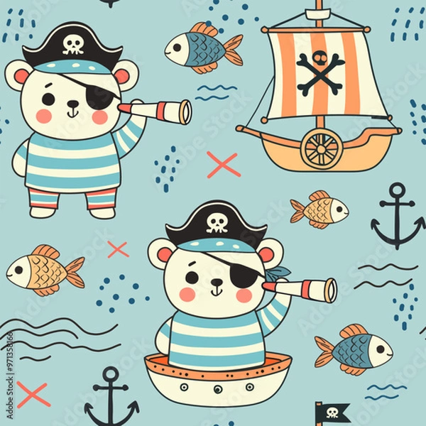 Fototapeta Cute pirate bear vector illustration, seamless pattern for kids