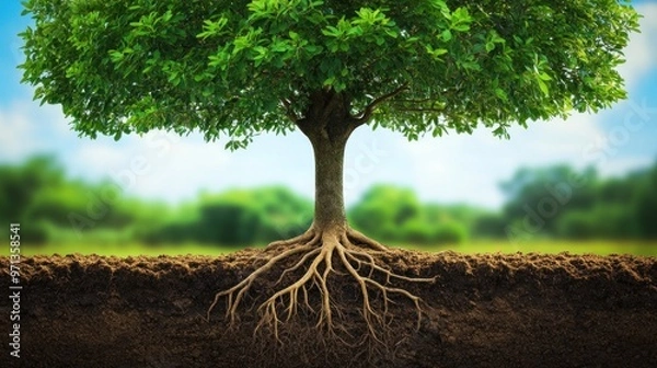 Fototapeta Lush trees tower above the ground. with intricate roots spreading out below