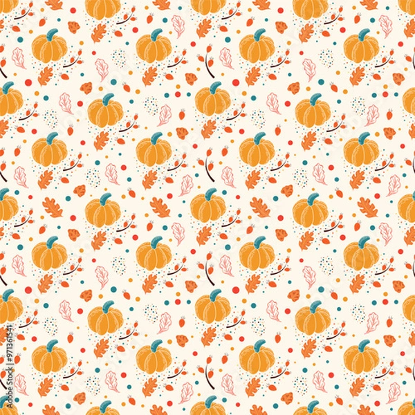 Fototapeta Vector illustrations. Autumn seamless pattern,  pumpkin pattern with leaves. Cute freehand drawings to create a poster, card, wallpaper.