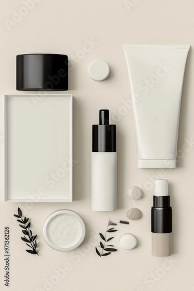 Fototapeta A collection of beauty products including a bottle of lotion, a tube of lip balm, and a bottle of perfume