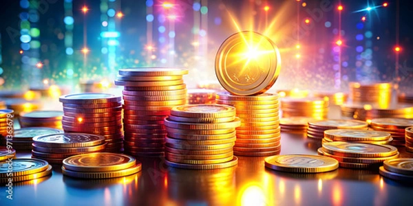 Obraz 3D Glowing Abstract Coins in Digital Space: Vibrant Digital Art of Floating Coins Symbolizing Financial Growth and Prosperity on Isolated White Background