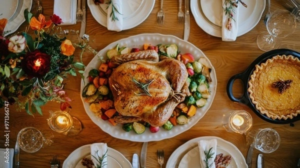 Fototapeta Thanksgiving Dinner Table with Traditional Dishes