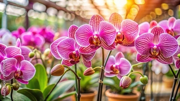 Obraz Moth orchids with flower spikes in buds ready to bloom, perfect for winter care and indoor decoration