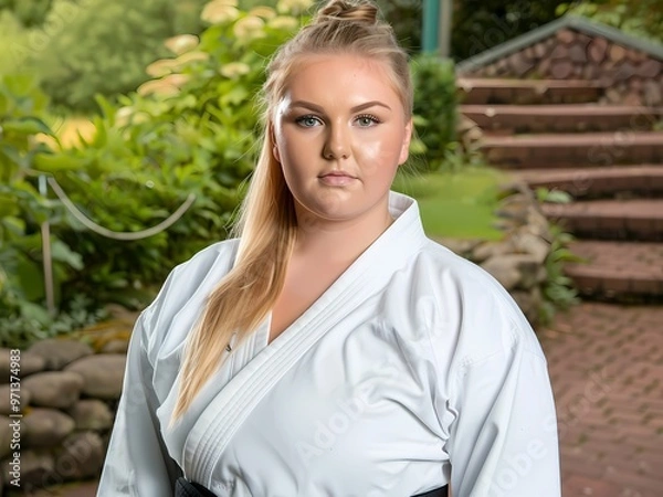 Fototapeta AI-Generated image of A woman in a white karate uniform poses for a picture