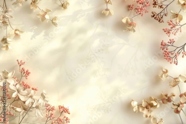 Fototapeta A white background with a flowery border. The flowers are pink and white. The background is very light and the flowers are very light as well