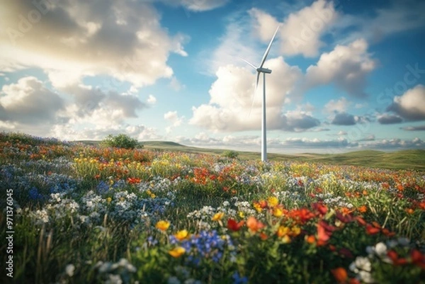 Fototapeta Wind turbine in a field of wildflowers, showing harmony between nature and technology