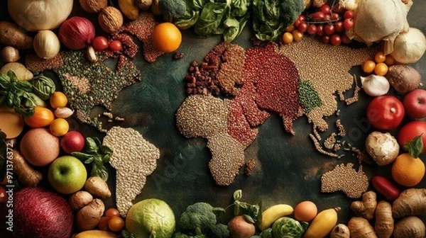 Fototapeta A colorful map of the world is covered with various fruits and vegetables