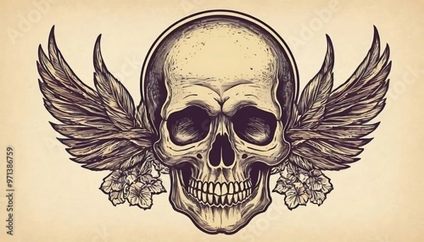 Fototapeta a skull with butterflies and flowers,A human skull with florals and butterlies. Anatomical vintage illustration.Generative AI,butterfly, flower, bone, skull, 9645