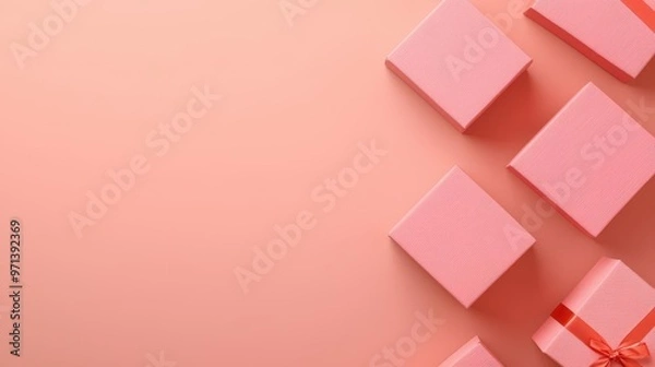 Fototapeta Flatlay of various jewelry boxes arranged symmetrically on a soft pink background, luxury packaging concept, top view