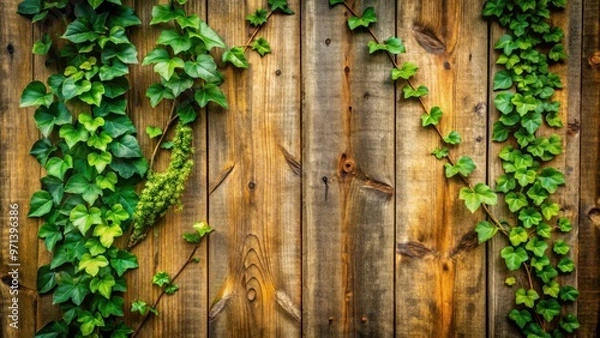 Fototapeta Ivy vines growing on a rustic wood wall