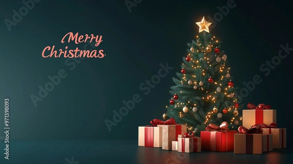 Fototapeta Festive Christmas background featuring a 3D tree adorned with gifts and a cheerful Merry Christmas message for holiday celebrations