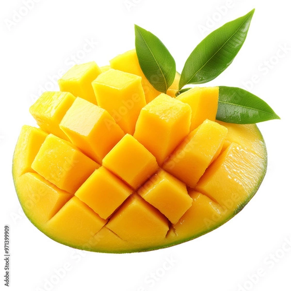 Fototapeta Vibrant yellow mango cubes with leaves isolated transparent