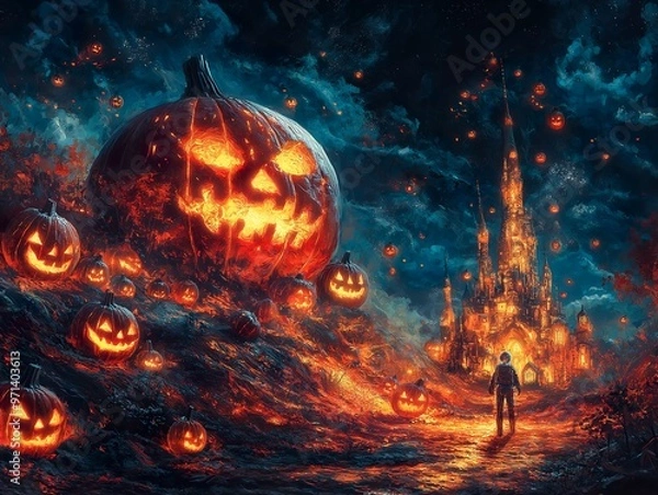 Fototapeta An astronaut landing on an alien planet filled with vibrant, bioluminescent pumpkins celebrating Halloween with joy.