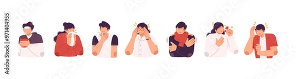 Fototapeta Boy and girl with flu, cold symptoms set. Ill sick sneezing, coughing. People with runny nose, headache, fever, sore throat, illness. Flat graphic vector illustration isolated on white background