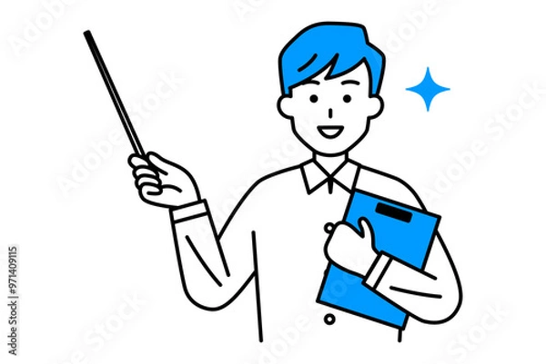 Fototapeta クリップボードと指示棒を持って説明するカジュアルな男性