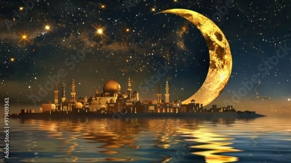 Obraz Crescent Moon Over Mosque Cityscape