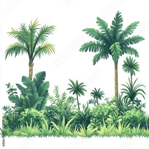 Fototapeta Tropical rainforest landscape with grass, plants and trees vector illustration on white background, AI generated