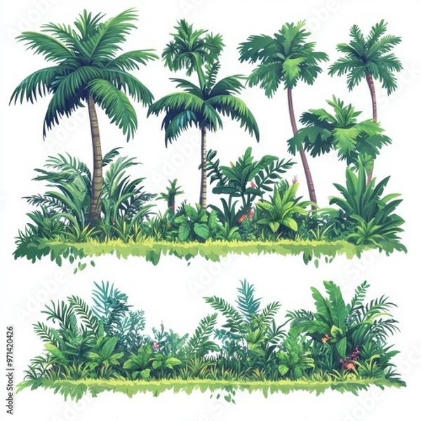 Fototapeta Tropical rainforest landscape with grass, plants and trees vector illustration on white background, AI generated