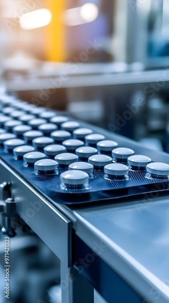 Fototapeta Close-up of pharmaceutical tablets on a production line, showcasing quality control and manufacturing processes in the industry.