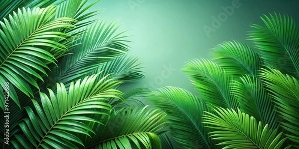 Fototapeta Stock photo of lush green curved palm leaves on background overlay