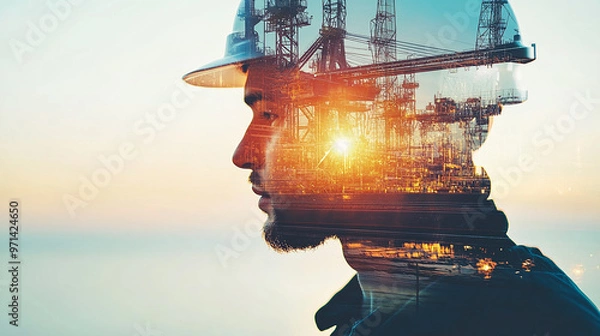 Fototapeta Double exposure Engineer hardhat develops AI-driven predictive maintenance systems for international shipping vessels.