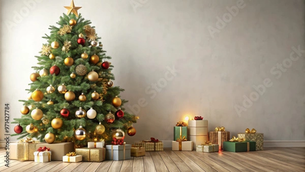 Fototapeta A beautifully decorated Christmas tree adorned with golden and red ornaments stands proudly beside collection of wrapped gifts, creating warm and festive atmosphere